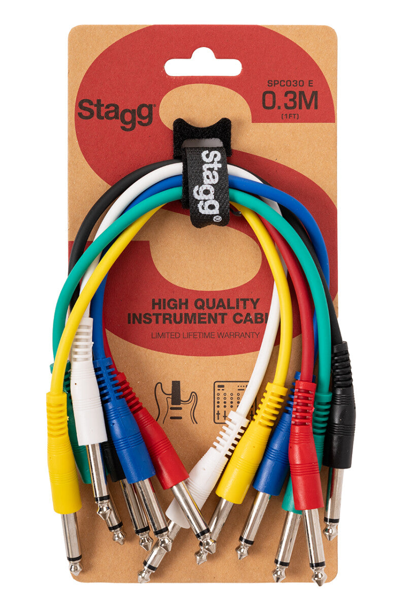 Stagg SPC030 E 6 stuks mono patchkabels, jack/jack met aangegoten pluggen, 30 cm