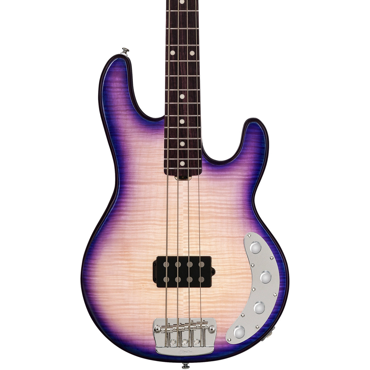 Sterling by Music Man StingRay RAY34 Flame Maple Purple Sunset – elektrische basgitaar