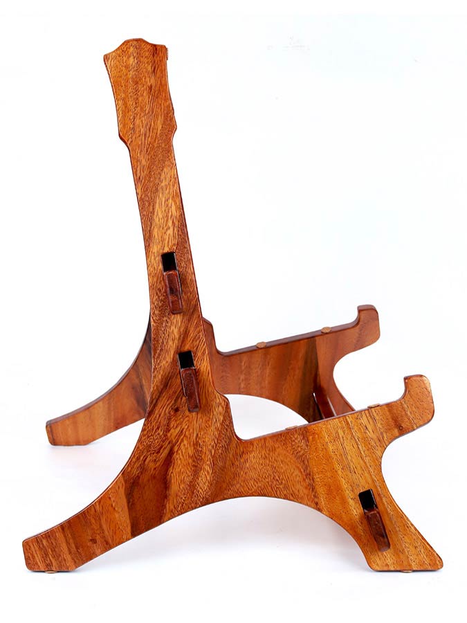 solid Trembesi wooden guitar stand, with cork supports (large logo at front of the stand)