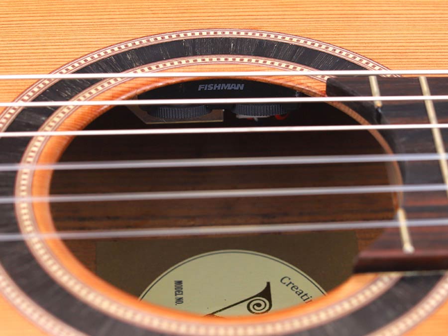 slim body classical guitar 4/4, solid red cedar top, mahogany sides and back, Fishman pickup, ta