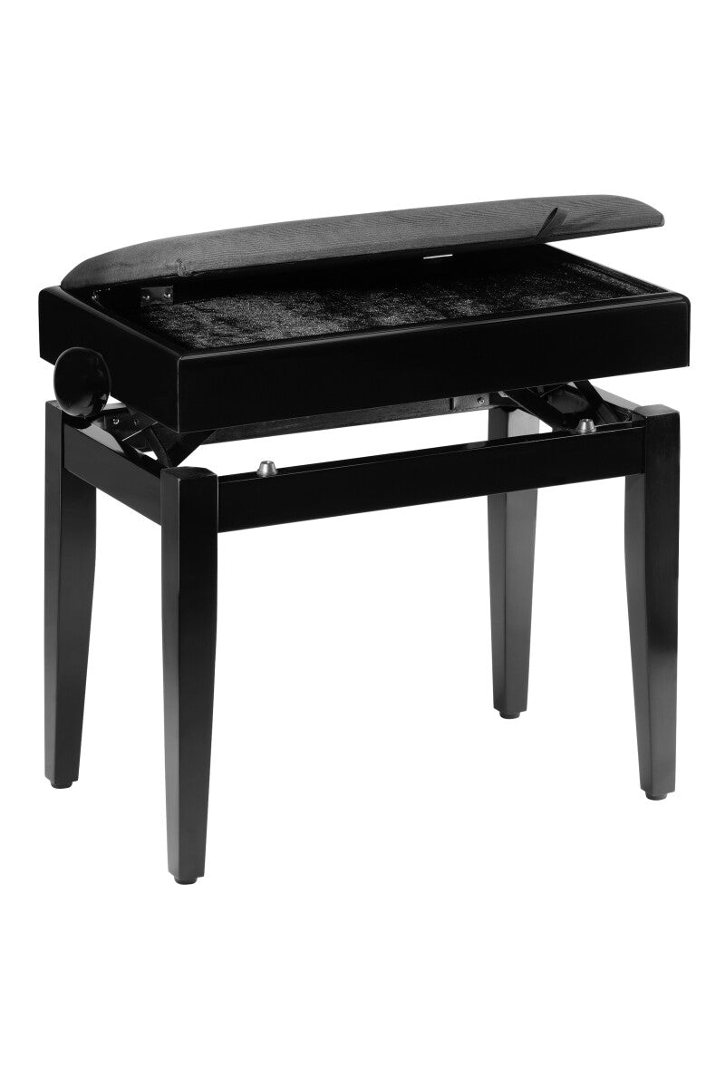 Stagg PB55 verstelbare pianobank mat zwart met zwarte velours zitting en bergvak