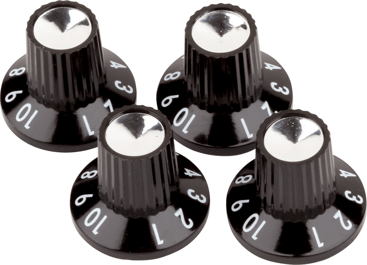 Fender 0054419049 Black/Silver Skirted Push-On versterkerknoppen zwart/zilver set van 4