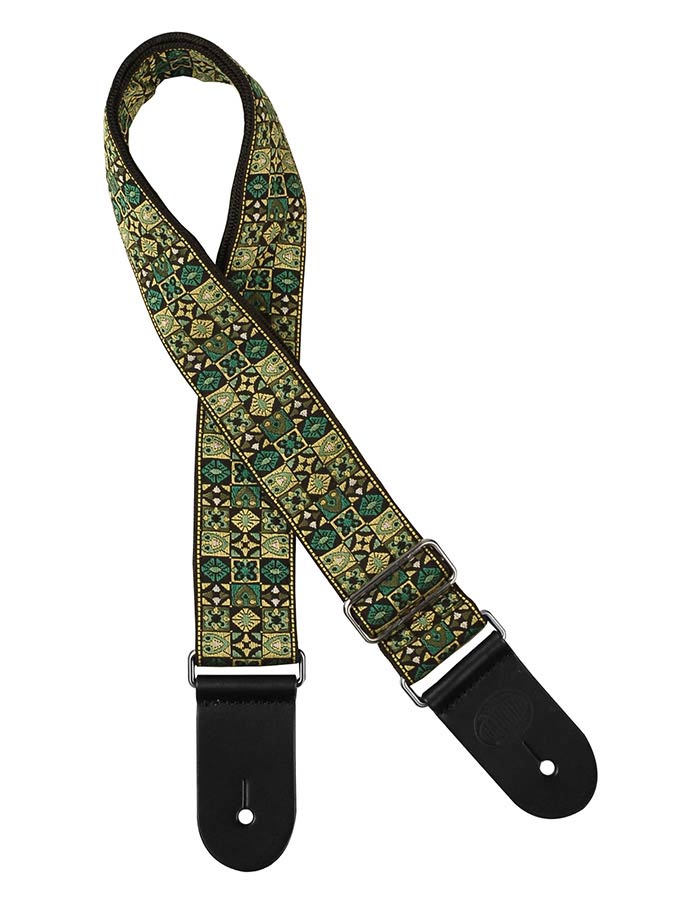 Gaucho GST-186-GN Traditional Series Gitaarband 2" jacquard geweven, leren slips, groen mozaiek