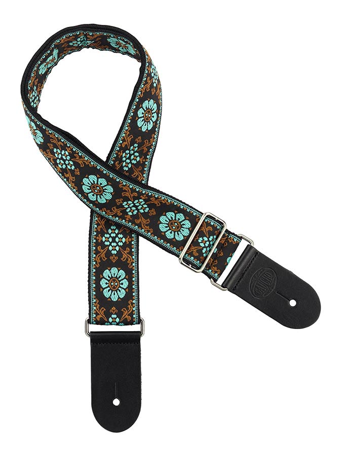 Gaucho GST-195-03 Traditional Series Gitaarband van 5 cm breed jacquardweefsel met leren uiteinden, meerkleurig