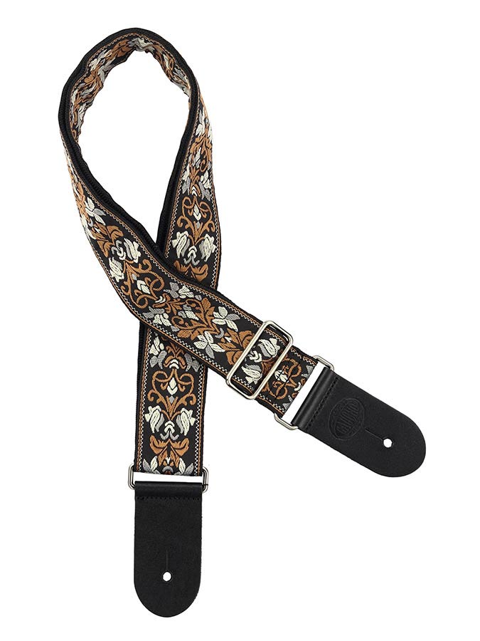 Gaucho GST-194-03 Traditional Series Gitaarband van 5 cm breed jacquardweefsel met leren uiteinden, meerkleurig