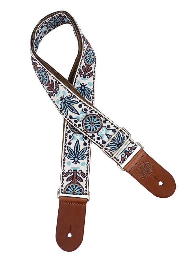 Gaucho GST-1180-1 Traditional Deluxe Series Gitaarband 2" jacquard geweven, leren uiteinden, wit/blauw