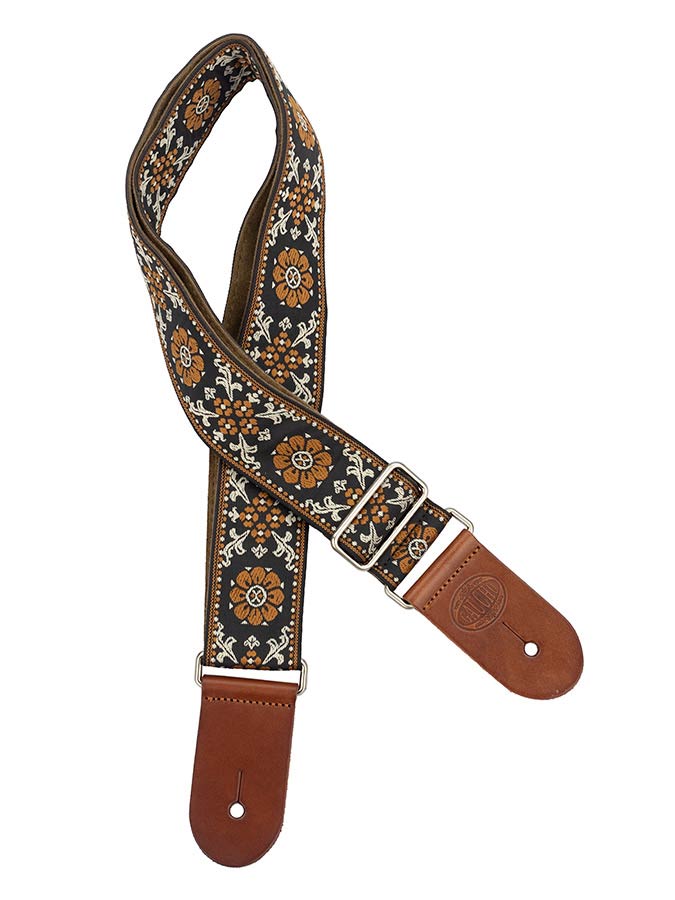 Gaucho GST-1180-2 Traditional Deluxe Series Gitaarband 2" jacquard geweven, leren uiteinden, bruin/goud