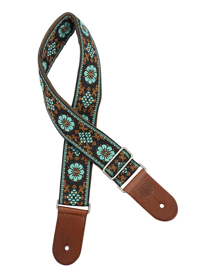 Gaucho GST-1180-3 Traditional Deluxe Series Gitaarband 2" jacquard geweven, leren uiteinden, bruin/blauw