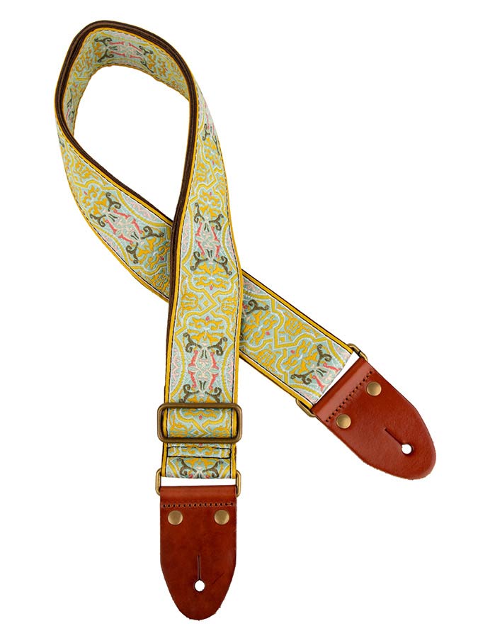 Gaucho GST-1280-3 Authentic Deluxe Series Gitaarband 2" jacquard geweven, leren uiteinden, messing gesp, geel/groen