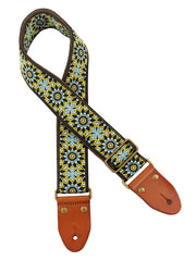 Gaucho GST-1280-7 Authentic Deluxe Series Gitaarband 2" jacquard geweven, leren uiteinden, messing gesp, zwart/blauw/groen
