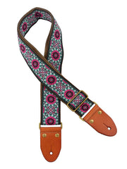 Gaucho GST-1280-8 Authentic Deluxe Series Gitaarband 2" jacquard geweven, leren uiteinden, messing gesp, zwart/blauw/roze