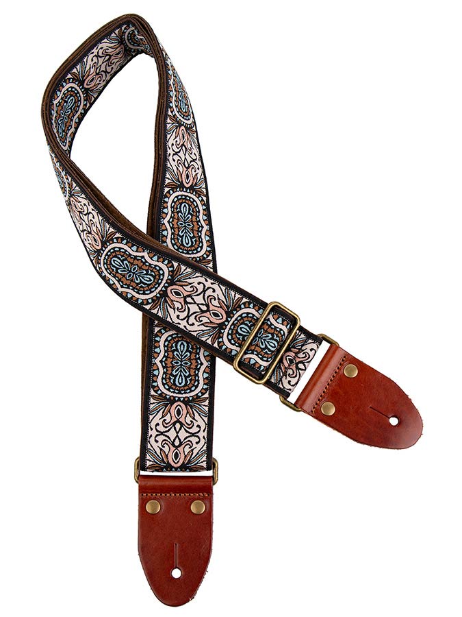 Gaucho GST-1281-1 Classic Jacquard Series Gitaarband van 5 cm breed jacquardweefsel, leren uiteinden met bevestigingspinnen, messing gesp en suède achterzijde, meerkleurig