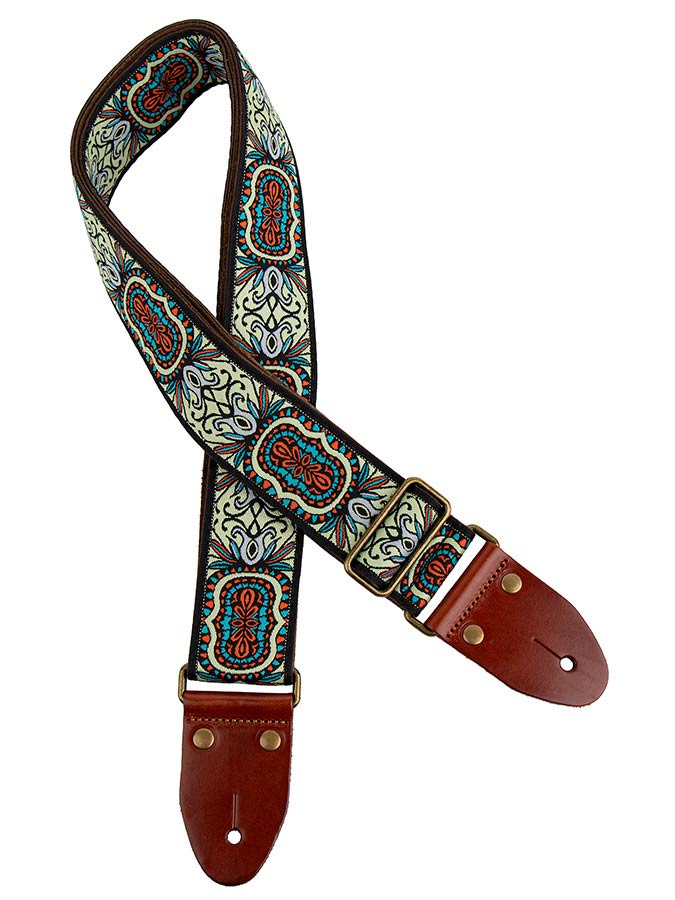 Gaucho GST-1281-2 Classic Jacquard Series Gitaarband van 5 cm breed jacquardweefsel, leren uiteinden met bevestigingspinnen, messing gesp en suède achterzijde, meerkleurig