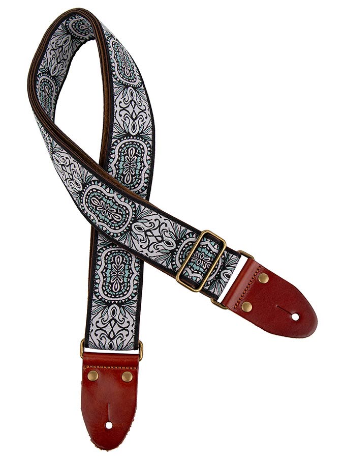 Gaucho GST-1281-3 Classic Jacquard Series Gitaarband van 5 cm breed jacquardweefsel, leren uiteinden met bevestigingspinnen, messing gesp en suède achterzijde, wit-blauw
