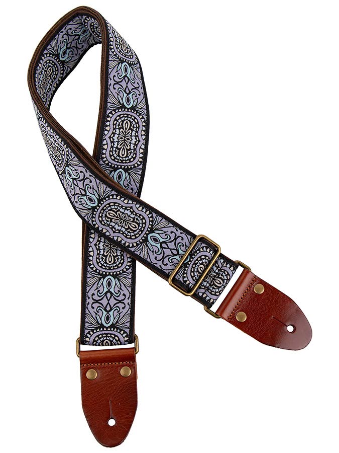 Gaucho GST-1281-4 Classic Jacquard Series Gitaarband van 5 cm breed jacquardweefsel, leren uiteinden met bevestigingspinnen, messing gesp en suède achterzijde, meerkleurig