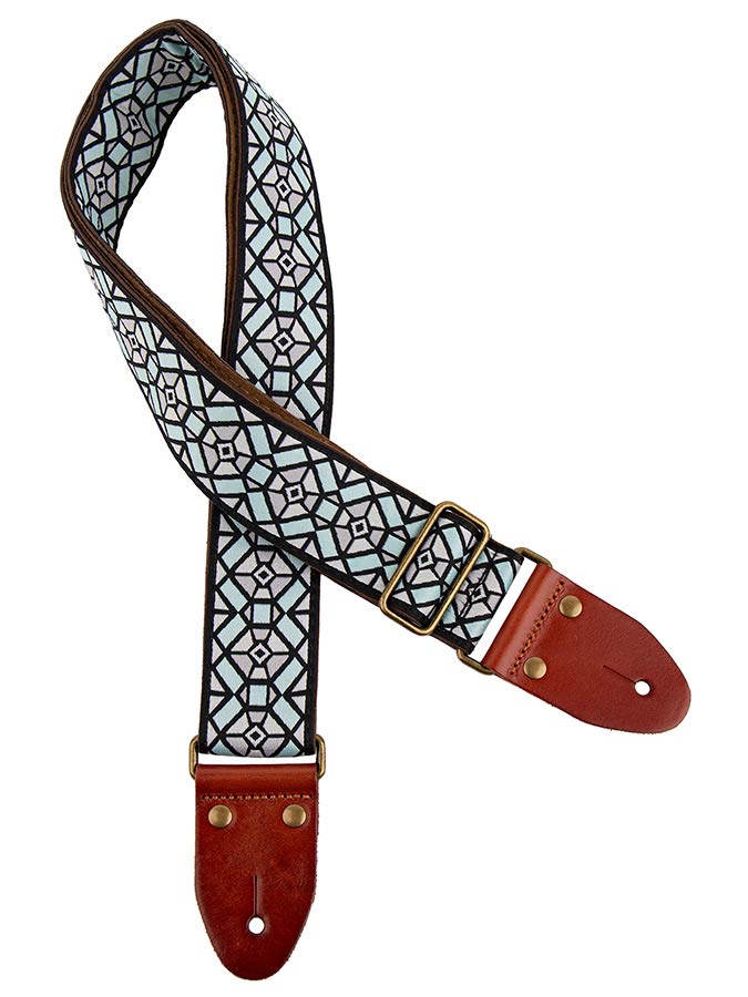 Gaucho GST-1282-1 Classic Jacquard Series Gitaarband van 5 cm breed jacquardweefsel, leren uiteinden met bevestigingspinnen, messing gesp en suède achterzijde, blauw-grijs