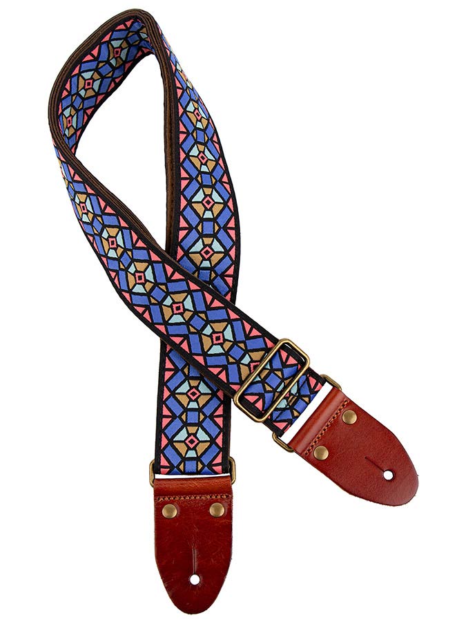 Gaucho GST-1282-2 Classic Jacquard Series Gitaarband van 5 cm breed jacquardweefsel, leren uiteinden met bevestigingspinnen, messing gesp en suède achterzijde, blauw-roze