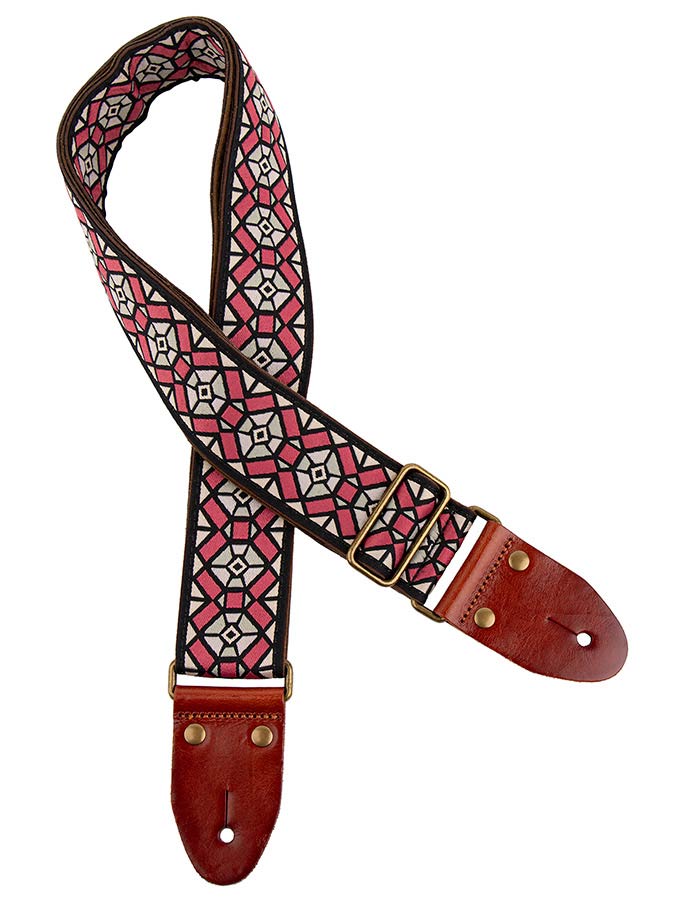 Gaucho GST-1282-3 Classic Jacquard Series Gitaarband van 5 cm breed jacquardweefsel, leren uiteinden met bevestigingspinnen, messing gesp en suède achterzijde, roze-grijs