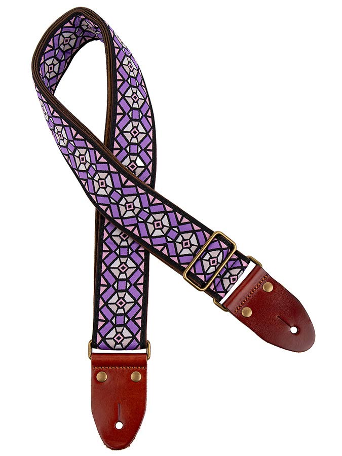 Gaucho GST-1282-4 Classic Jacquard Series Gitaarband van 5 cm breed jacquardweefsel, leren uiteinden met bevestigingspinnen, messing gesp en suède achterzijde, paars-roze