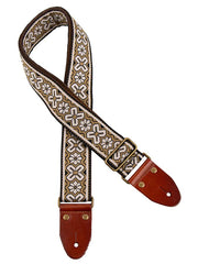 Gaucho GST-1283-1 Classic Jacquard Series Gitaarband van 5 cm breed jacquardweefsel, leren uiteinden met bevestigingspinnen, messing gesp en suède achterzijde, zand-wit