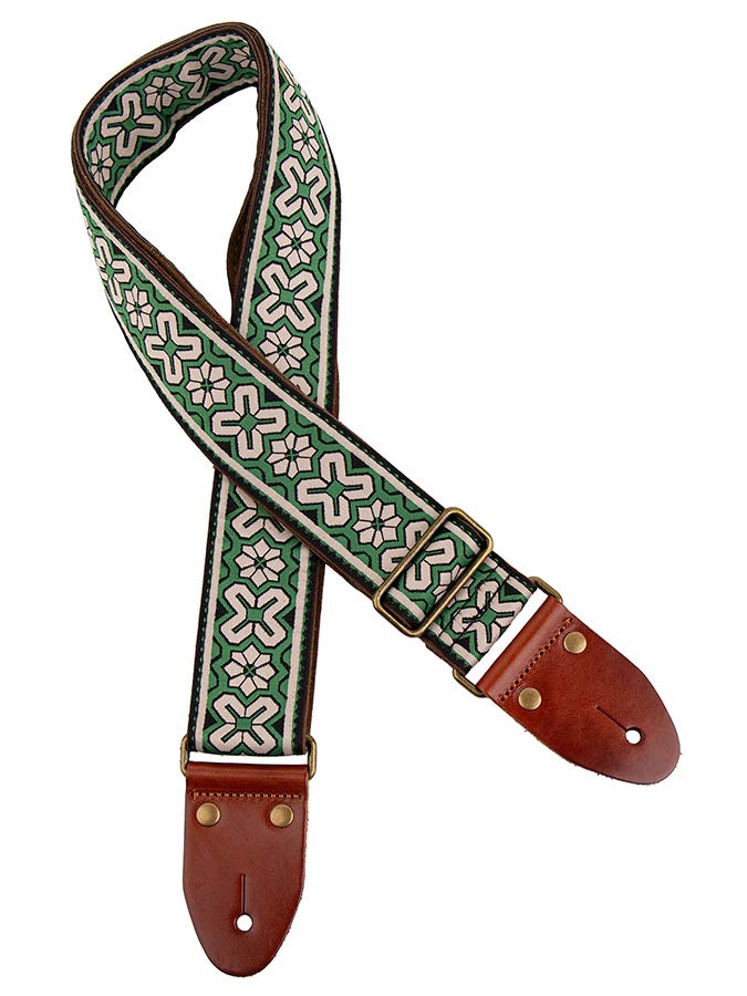 Gaucho GST-1283-2 Classic Jacquard Series Gitaarband van 5 cm breed jacquardweefsel, leren uiteinden met bevestigingspinnen, messing gesp en suède achterzijde, groen-wit