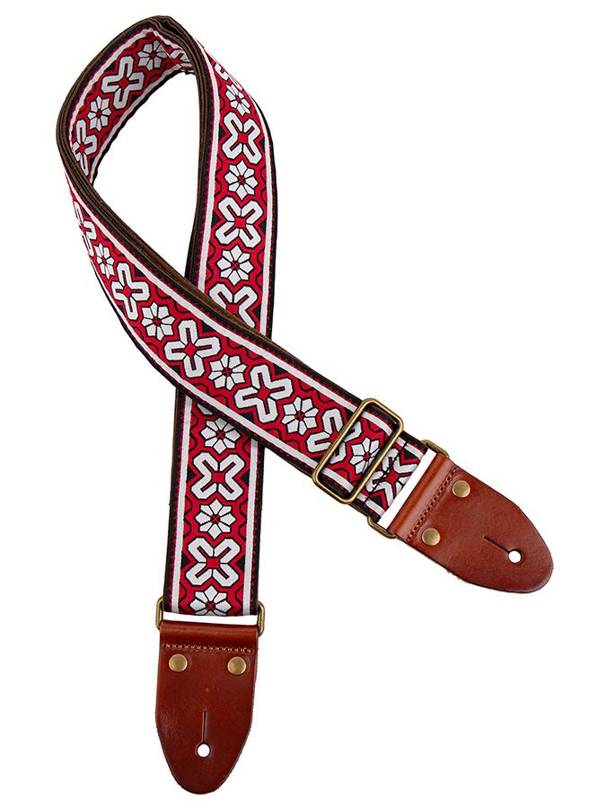 Gaucho GST-1283-3 Classic Jacquard Series Gitaarband van 5 cm breed jacquardweefsel, leren uiteinden met bevestigingspinnen, messing gesp en suède achterzijde, rood-wit