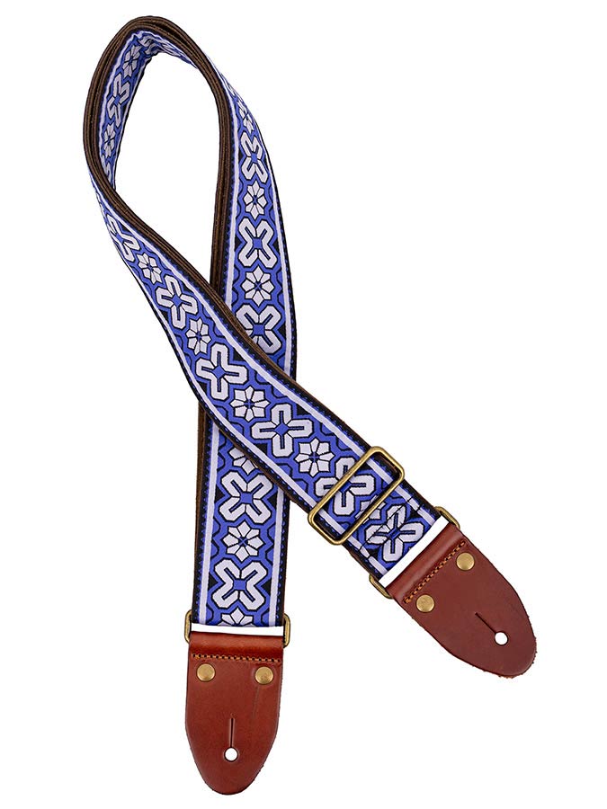 Gaucho GST-1283-4 Classic Jacquard Series Gitaarband van 5 cm breed jacquardweefsel, leren uiteinden met bevestigingspinnen, messing gesp en suède achterzijde, paars-wit