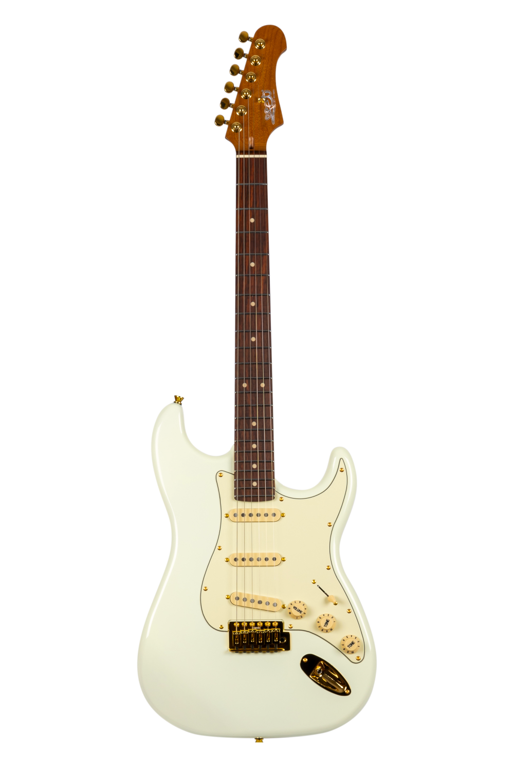 JET Guitars JS-380 OW G – elektrische gitaar – S-'plus' stijl SSS Alnico V Goud hardware Wit, palissander toets