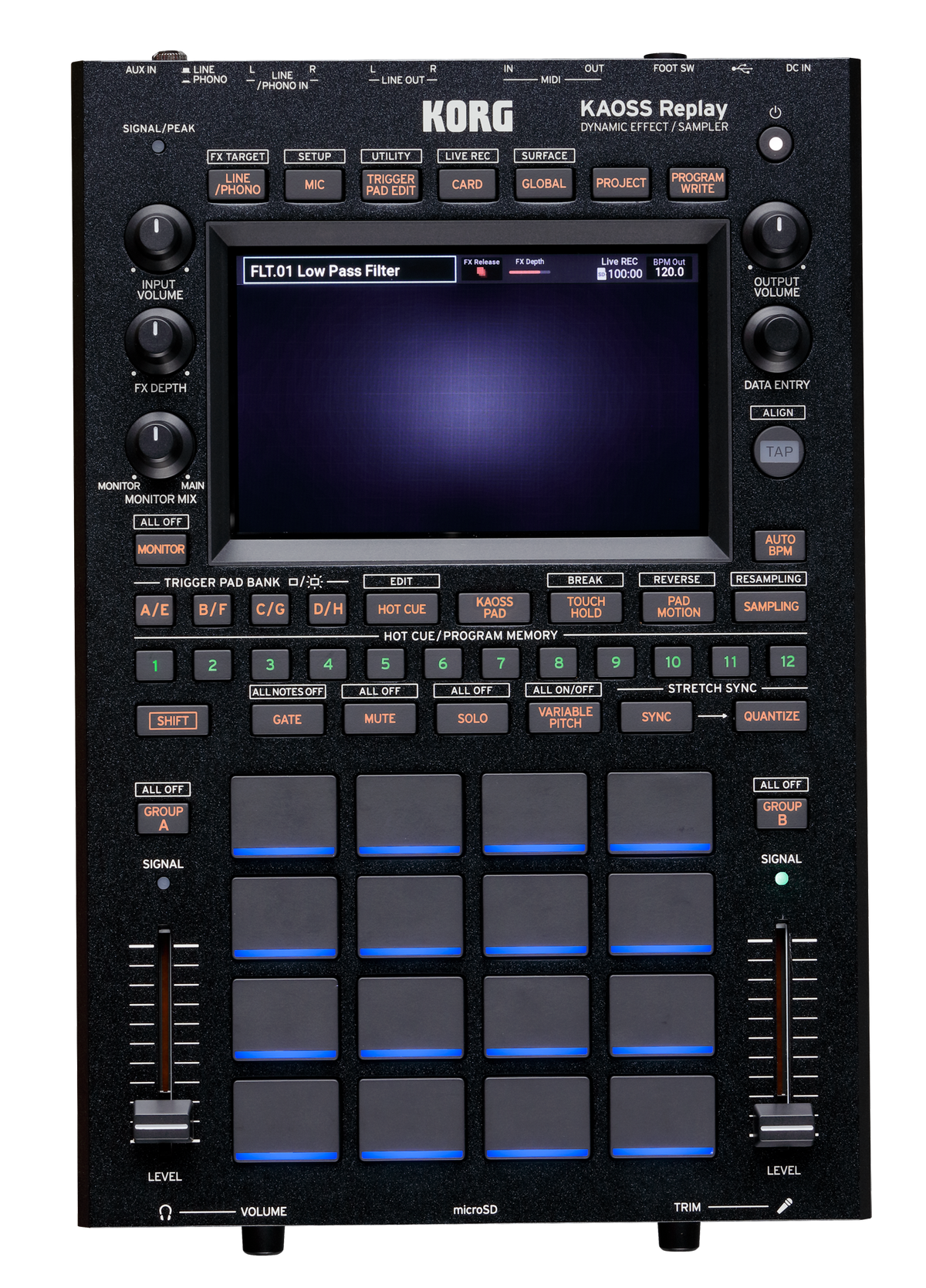 Korg Sampler, KAOSS Replay, 5" LCD Touchdisplay, 16 Pads, 128 Effecten