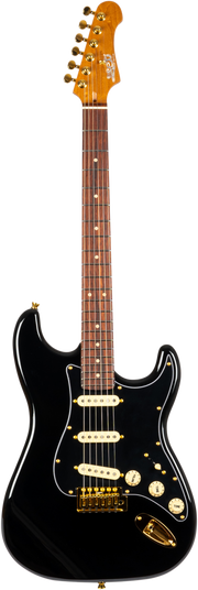 JET Guitars JS-380 BK G – elektrische gitaar – S-'plus' stijl SSS Alnico V Goud hardware Zwart, Rozenh. FB
