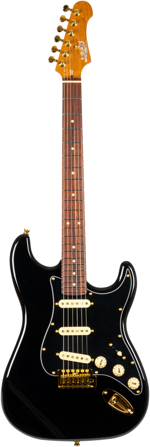 JET Guitars JS-380 BK G – elektrische gitaar – S-'plus' stijl SSS Alnico V Goud hardware Zwart, Rozenh. FB