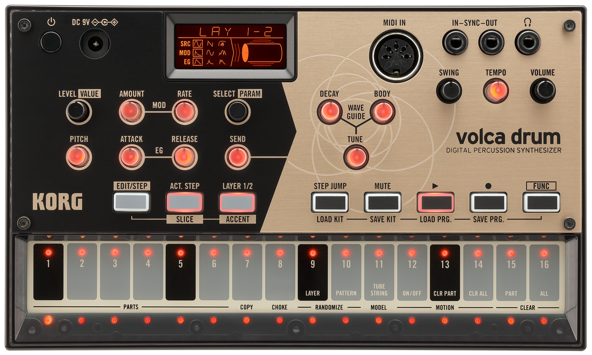 Korg Synthesizer, digitaal, volca drum, Physical Modelling, 6 parts, Sequencer
