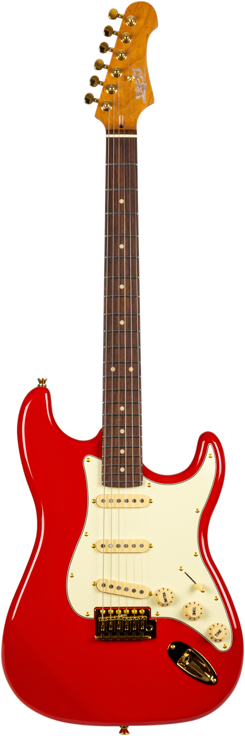 JET Guitars JS-380 RD G – elektrische gitaar – S-'plus' stijl SSS Alnico V Goud hardware Rood/ palissander toets