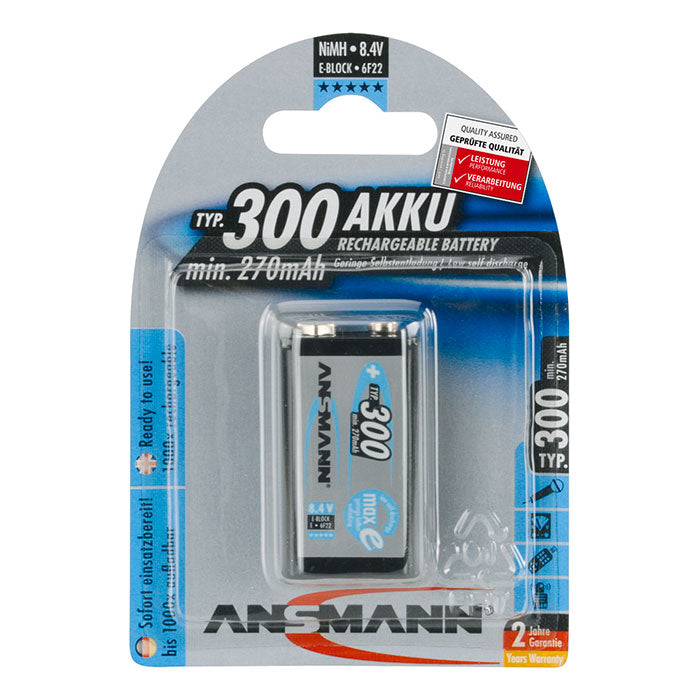 Ansmann Premium 9V 300 mAh 1-pcs blister – oplaadbare batterij