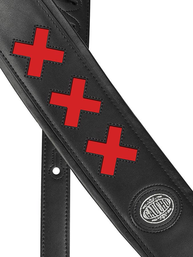 Gaucho GST-605-RD Padded Deluxe Series Gitaarband gevoerde zwarte achterzijde, zwart kunstleer met rode kruizen