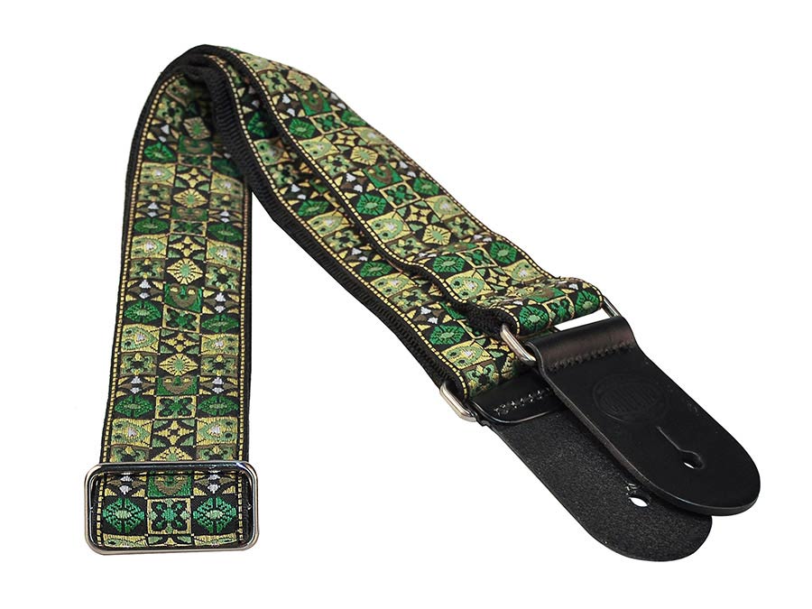 Gaucho GST-186-GN Traditional Series Gitaarband 2" jacquard geweven, leren slips, groen mozaiek