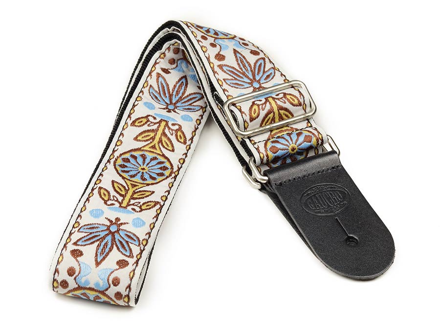 Gaucho GST-192-08 Traditional Series Gitaarband van 5 cm breed jacquardweefsel met leren uiteinden, meerkleurig