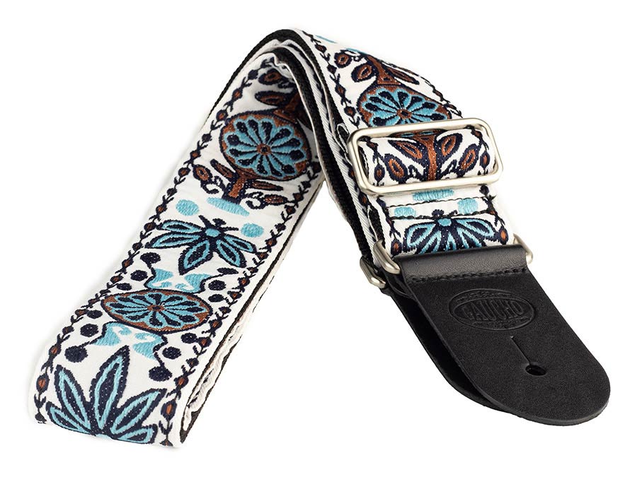 Gaucho GST-195-01 Traditional Series Gitaarband van 5 cm breed jacquardweefsel met leren uiteinden, meerkleurig