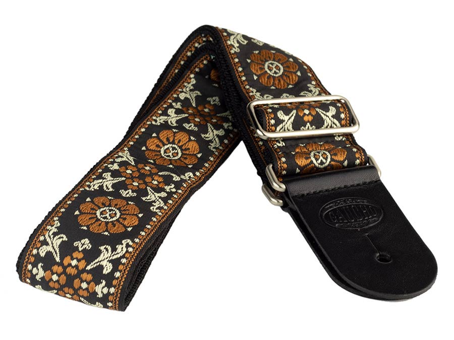 Gaucho GST-195-02 Traditional Series Gitaarband van 5 cm breed jacquardweefsel met leren uiteinden, meerkleurig