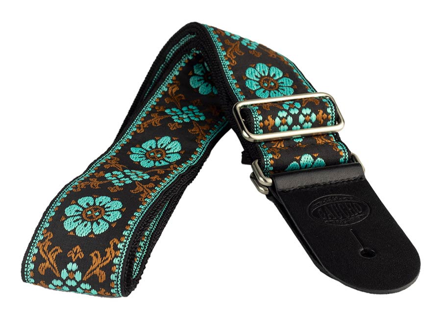 Gaucho GST-195-03 Traditional Series Gitaarband van 5 cm breed jacquardweefsel met leren uiteinden, meerkleurig