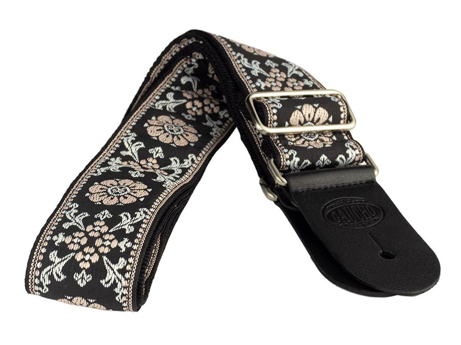 Gaucho GST-195-04 Traditional Series Gitaarband van 5 cm breed jacquardweefsel met leren uiteinden, meerkleurig