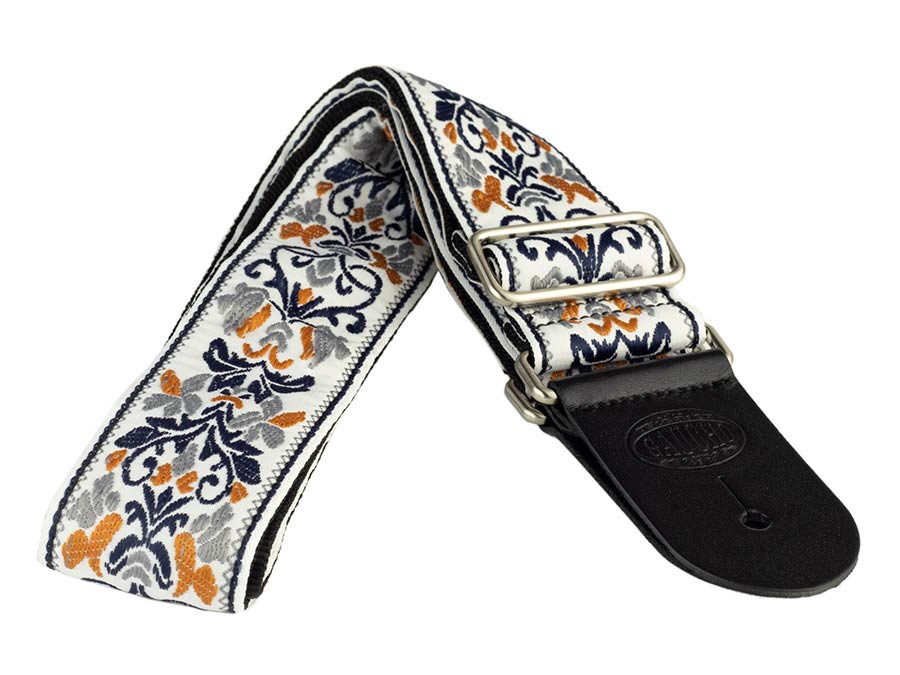Gaucho GST-194-01 Traditional Series Gitaarband van 5 cm breed jacquardweefsel met leren uiteinden, meerkleurig
