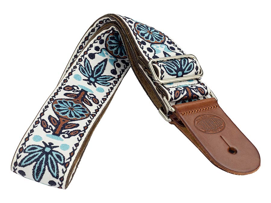 Gaucho GST-1180-1 Traditional Deluxe Series Gitaarband 2" jacquard geweven, leren uiteinden, wit/blauw
