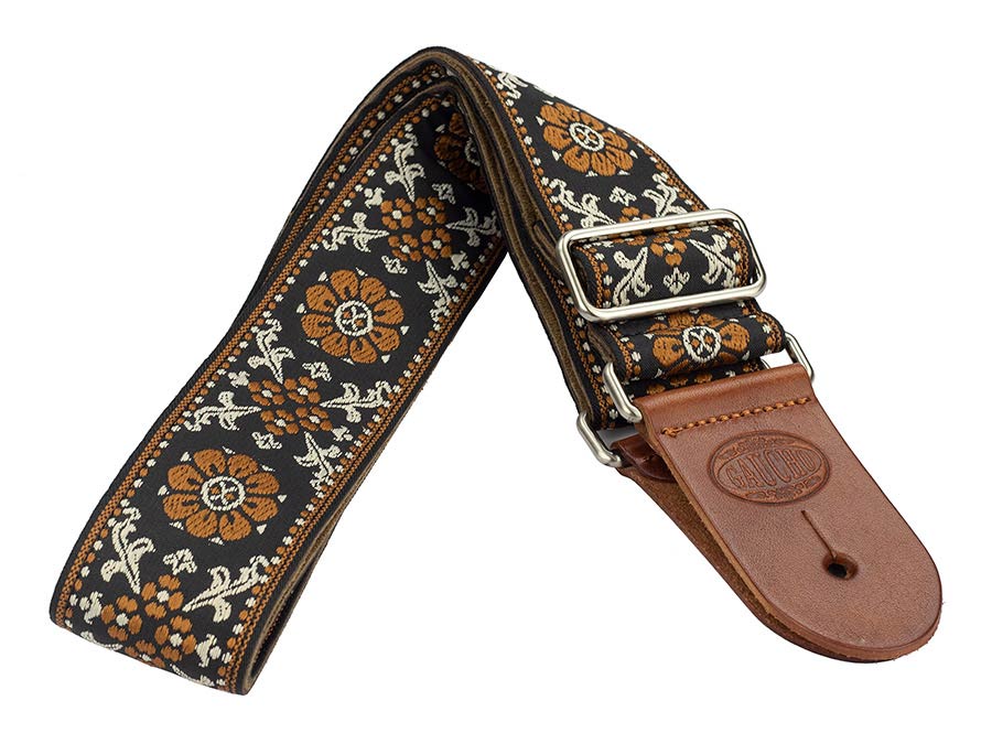 Gaucho GST-1180-2 Traditional Deluxe Series Gitaarband 2" jacquard geweven, leren uiteinden, bruin/goud