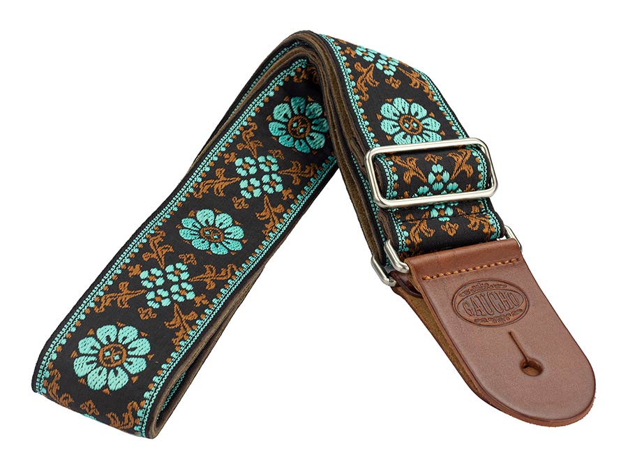 Gaucho GST-1180-3 Traditional Deluxe Series Gitaarband 2" jacquard geweven, leren uiteinden, bruin/blauw