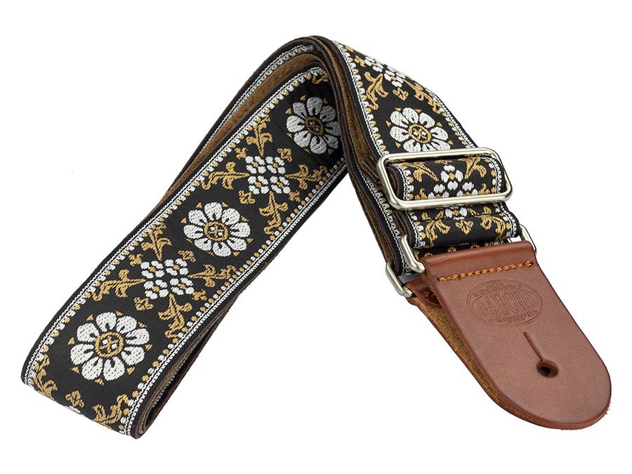 Gaucho GST-1180-4 Traditional Deluxe Series Gitaarband 2" jacquard geweven, leren uiteinden, wit/zwart