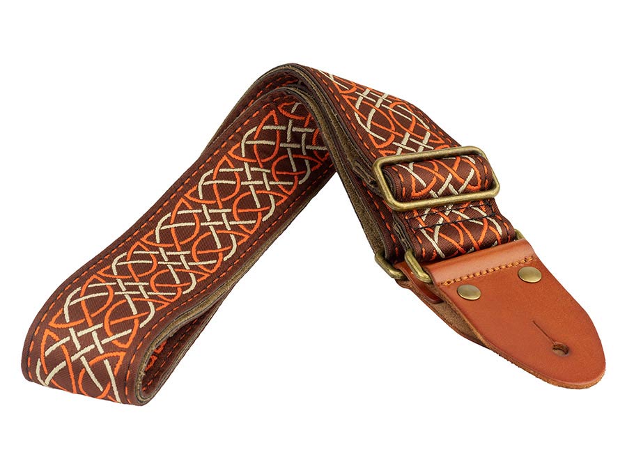 Gaucho GST-1280-1 Authentic Deluxe Series Gitaarband 2" jacquard geweven, leren uiteinden, messing gesp, bruin/oranje