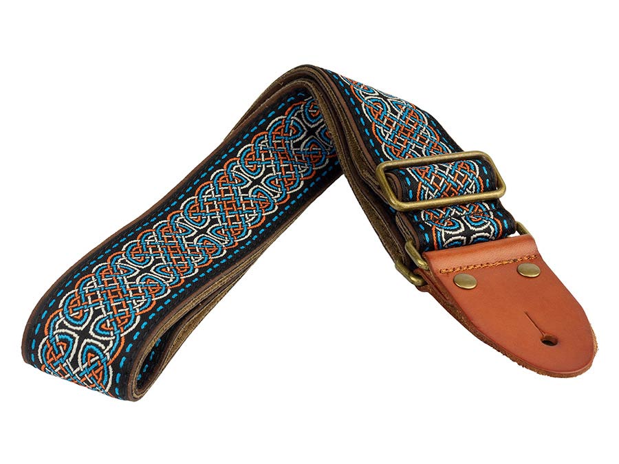 Gaucho GST-1280-2 Authentic Deluxe Series Gitaarband 2" jacquard geweven, leren uiteinden, messing gesp, zwart/blauw