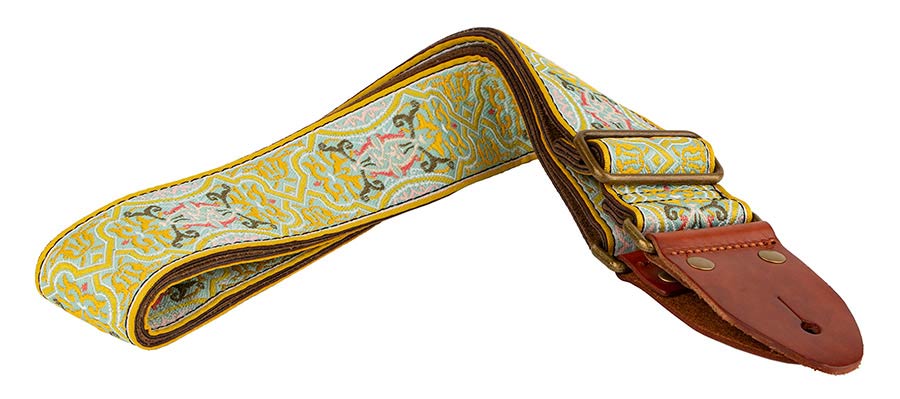Gaucho GST-1280-3 Authentic Deluxe Series Gitaarband 2" jacquard geweven, leren uiteinden, messing gesp, geel/groen