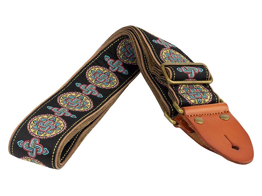 Gaucho GST-1280-4 Authentic Deluxe Series Gitaarband 2" jacquard geweven, leren uiteinden, messing gesp, zwart/blauw/rood